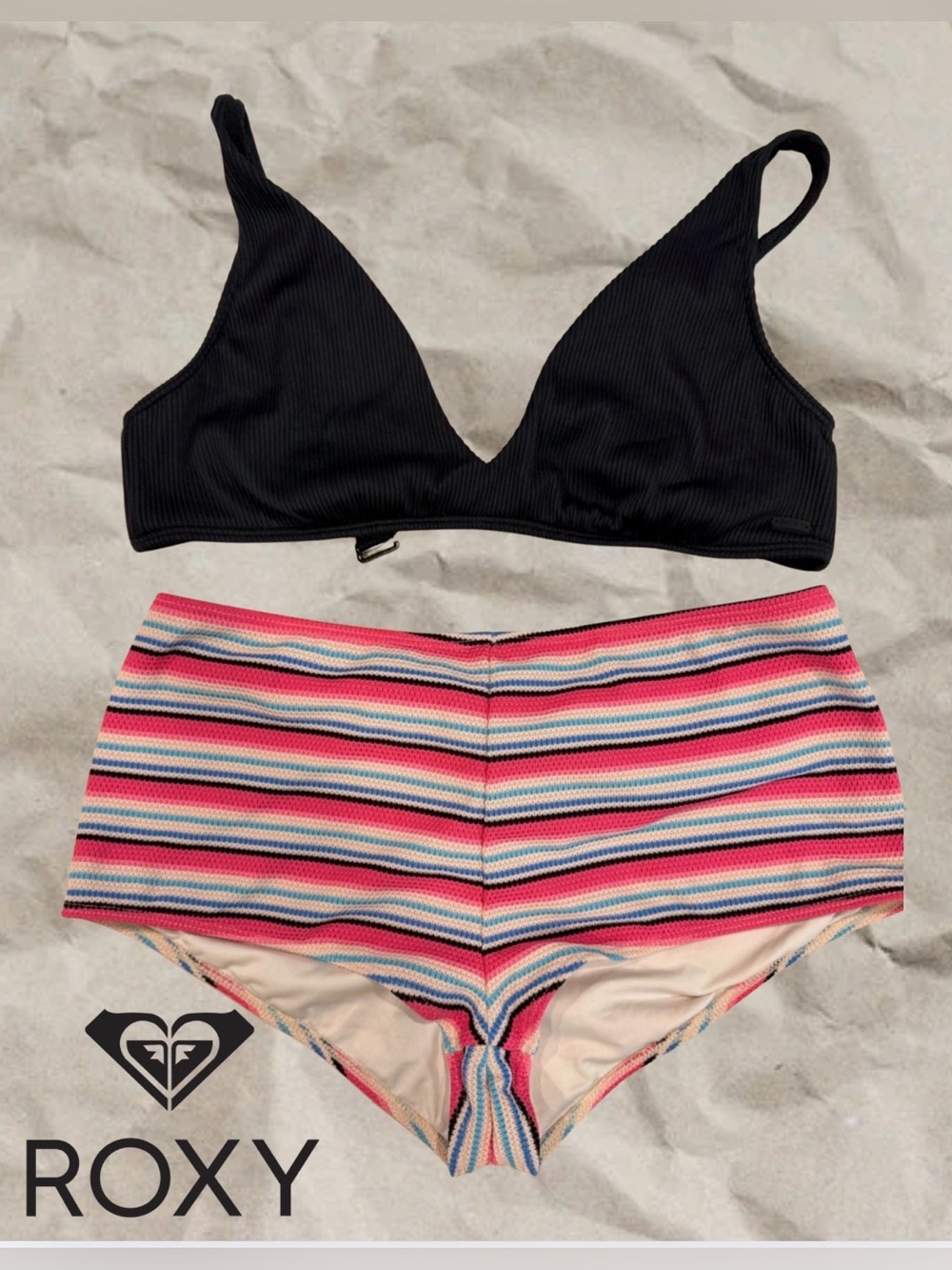 Roxy Women’s 2 Piece Bikini Black Ribbed Top Striped Boyshort Bottoms Y2K Surf